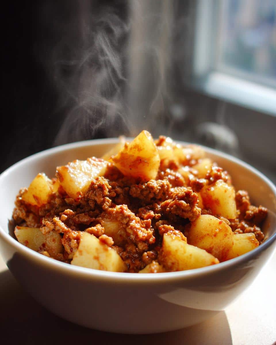 Close-up of a steaming bowl of Fresh Ground Turkey with Potatoes, showing chunks of potato and seasoned ground turkey.
