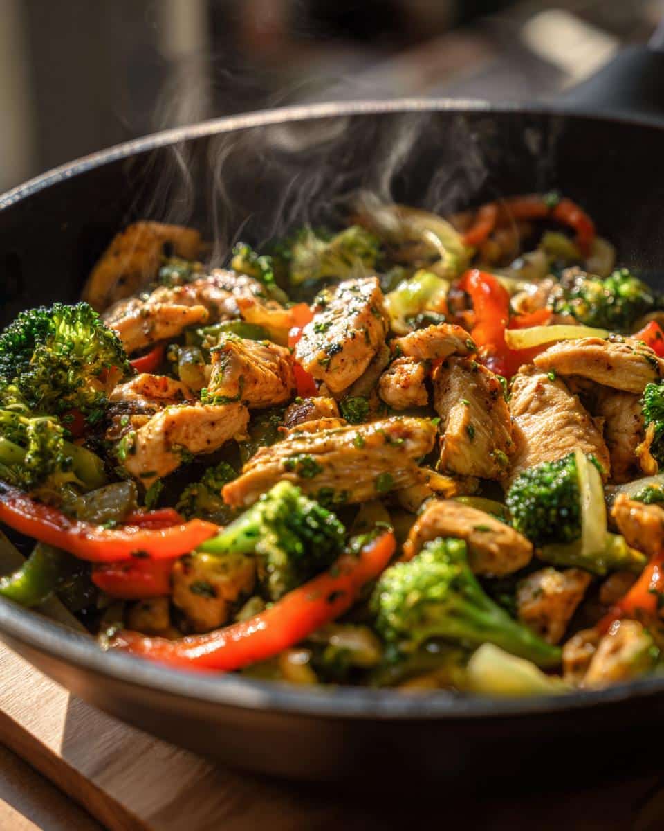 Close-up of steaming chicken and vegetables (broccoli, red bell peppers) cooking in a pan, a perfect Healthy Family Meals Ready in Less than Minutes Recipe.