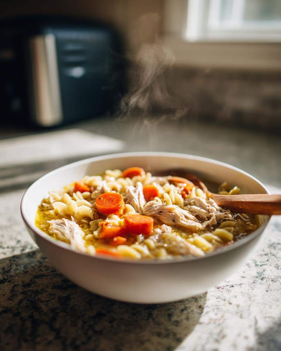 A steaming white bowl filled with hot Marry Me Chicken Soup, featuring shredded chicken, pasta, and sliced carrots.