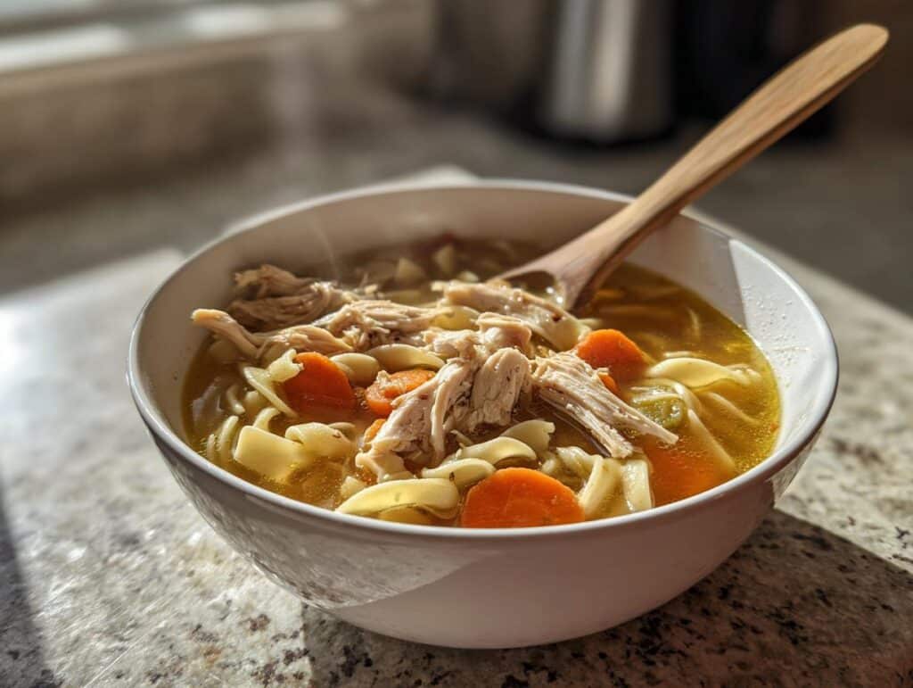 Close-up of a steaming bowl of Marry Me Chicken Soup with shredded chicken, carrots, and egg noodles.
