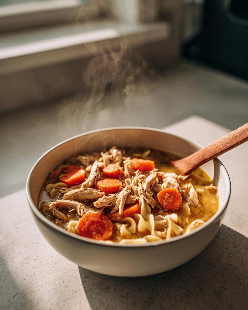 A close-up of a steaming bowl of Marry Me Chicken Soup with shredded chicken, sliced carrots, and egg noodles.