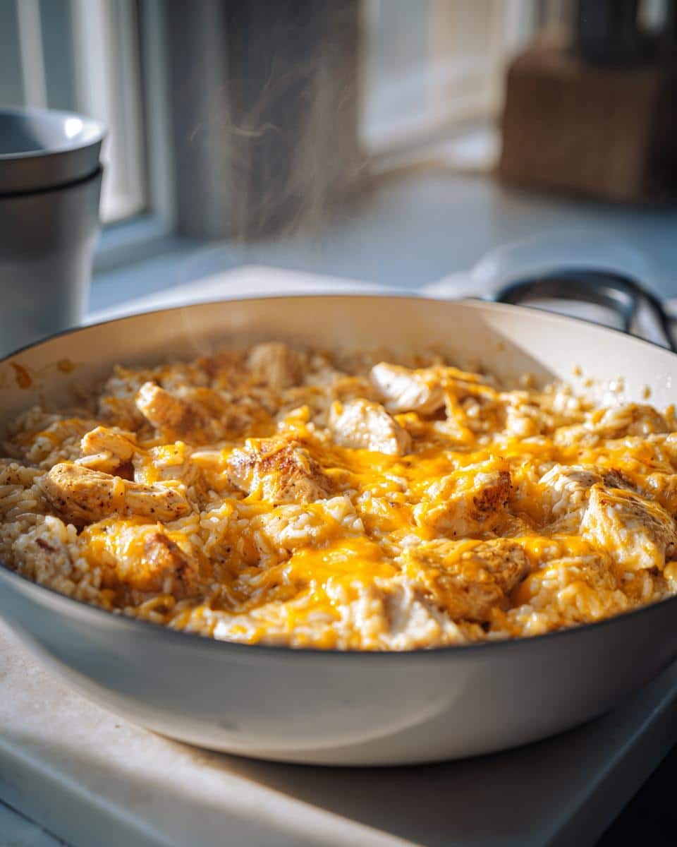 Creamy One-Pan Chicken Rice Casserole in 40 Minutes 4 A close-up of a steaming hot One Pan Pioneer Woman Chicken Rice Casserole in a white pan, topped with melted cheese and chicken pieces.