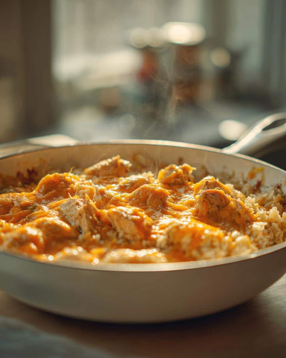 Creamy One-Pan Chicken Rice Casserole in 40 Minutes 2 A close-up of a steaming hot One Pan Pioneer Woman Chicken Rice Casserole in a white pan, topped with melted cheese and chicken pieces.