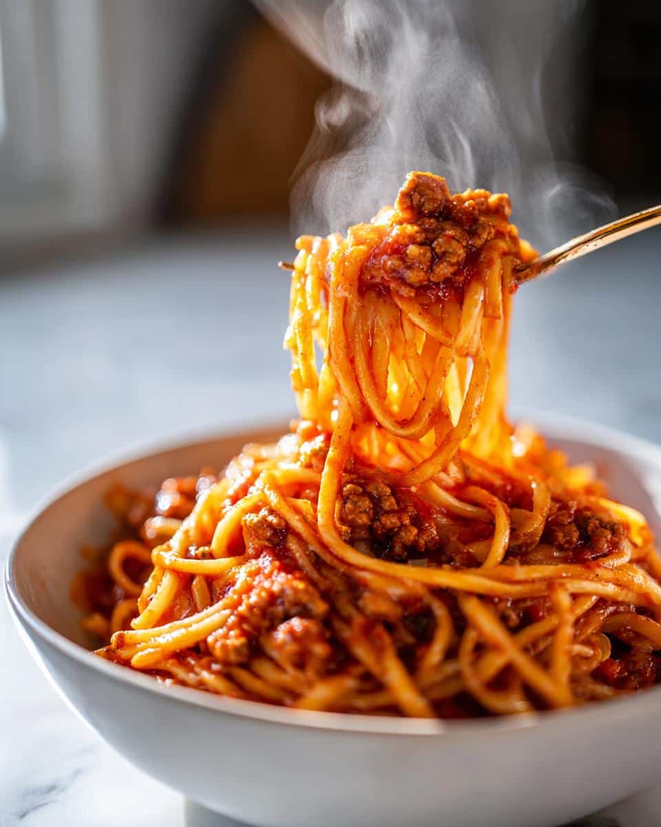 Close-up of steaming Simple Ground Turkey Pasta being lifted from a white bowl with a fork, showing rich red sauce and ground turkey.
