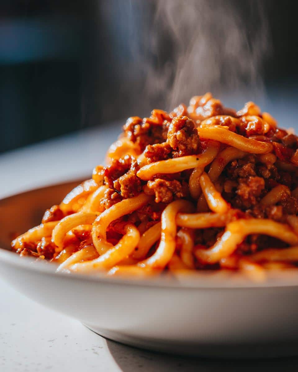 Close-up of a steaming bowl of Simple Ground Turkey Pasta, showing thick pasta noodles coated in a rich meat sauce.