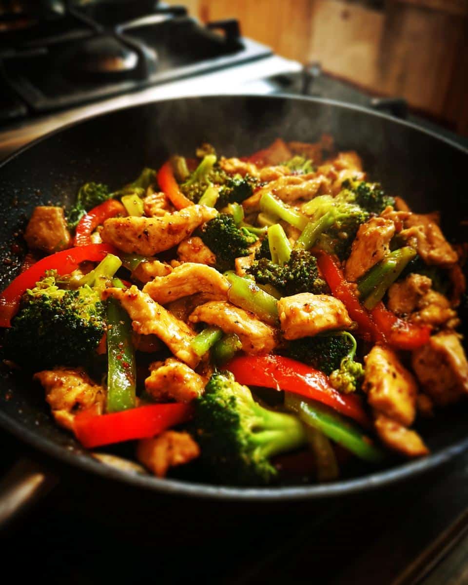 Close-up of a stir-fry with chicken, broccoli, and red bell peppers cooking in a black pan, perfect for Healthy Family Meals Ready in Less than Minutes Recipe.