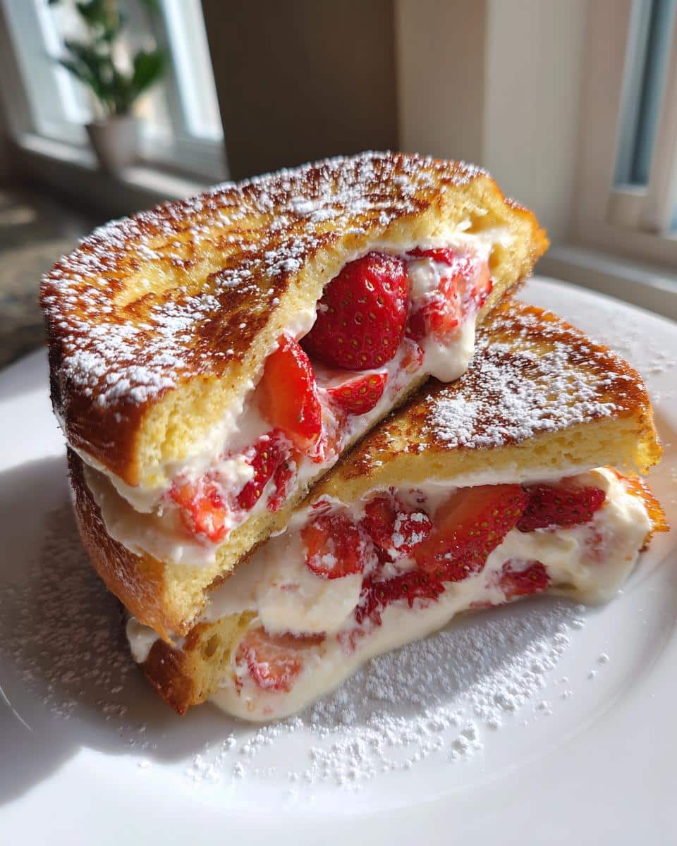 Two halves of Strawberry Cheesecake Stuffed French Toast on a white plate, dusted with powdered sugar, revealing creamy filling and fresh strawberries.