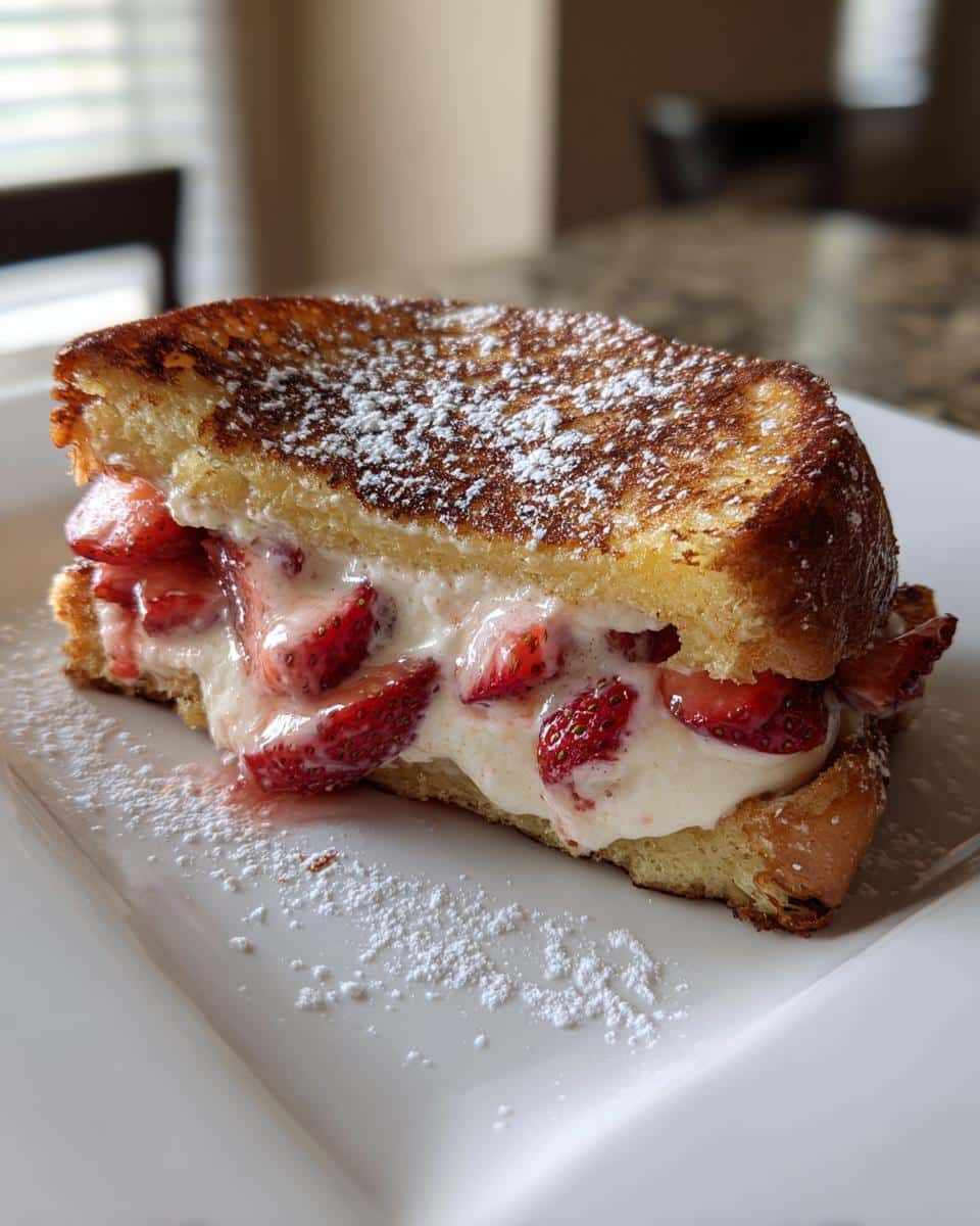 A close-up of a golden brown slice of Strawberry Cheesecake Stuffed French Toast, dusted with powdered sugar.