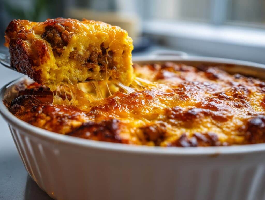 A close-up of a serving spoon lifting a cheesy slice of Tater Tot Sausage Breakfast Casserole from a white baking dish, with melted cheese stretching.