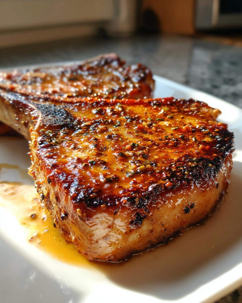 Close-up of a juicy, perfectly cooked Texas Roadhouse Pork Chop with a glistening, seasoned crust on a white plate.
