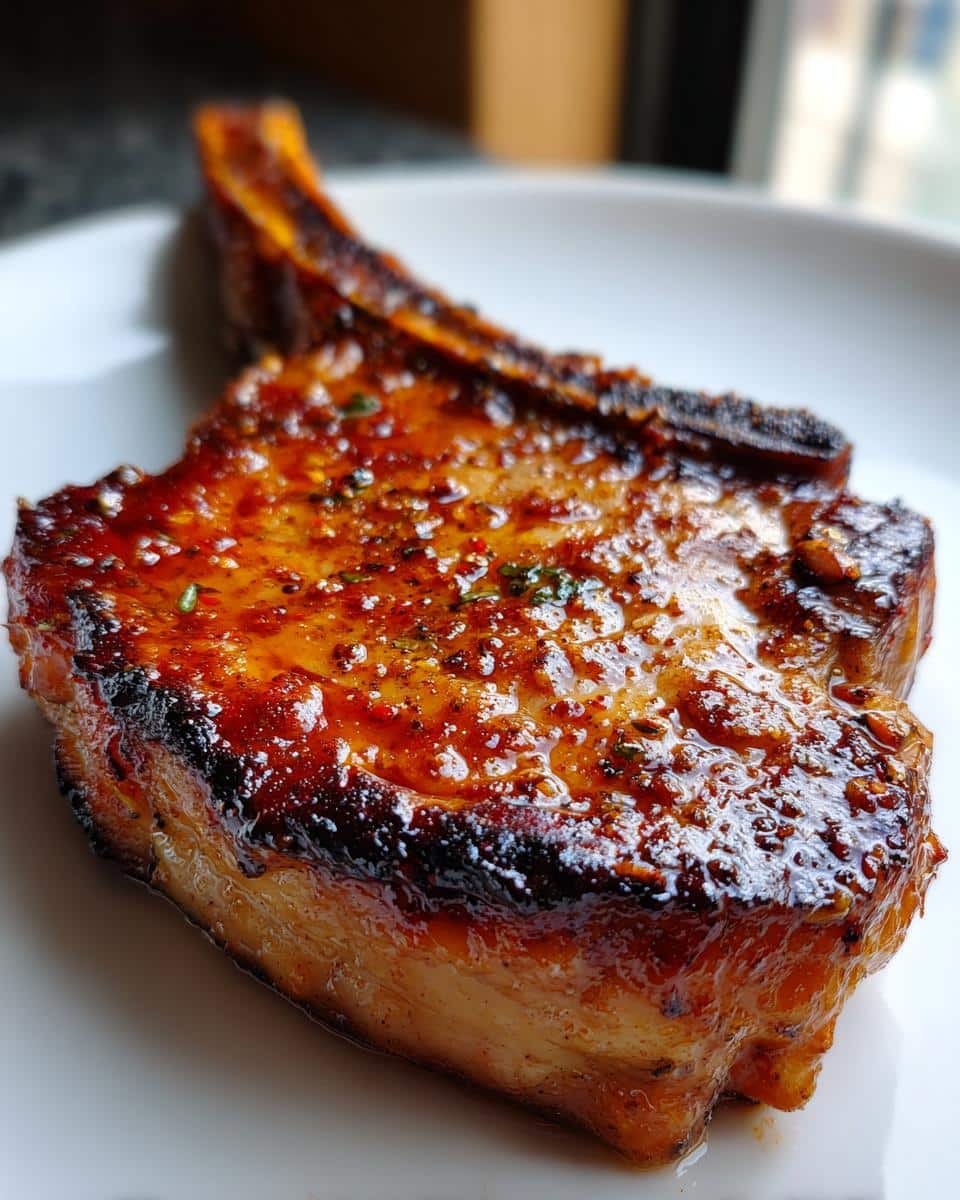 A close-up of a perfectly cooked, glazed Texas Roadhouse Pork Chop on a white plate, showing a crispy exterior.