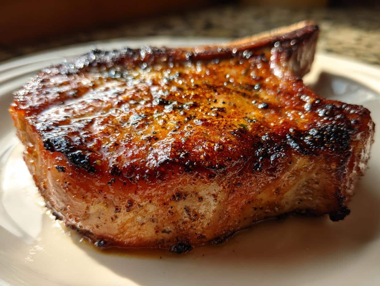 Close-up of a perfectly cooked, juicy Texas Roadhouse Pork Chop on a white plate, showing a glistening, seasoned crust.