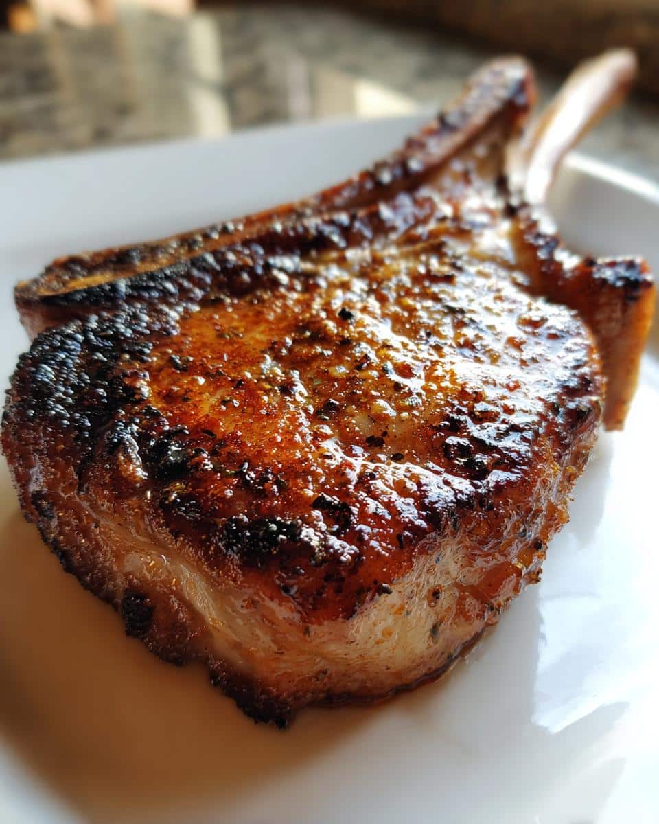 Close-up of a perfectly seared and seasoned Texas Roadhouse Pork Chop on a white plate, showing crispy edges.