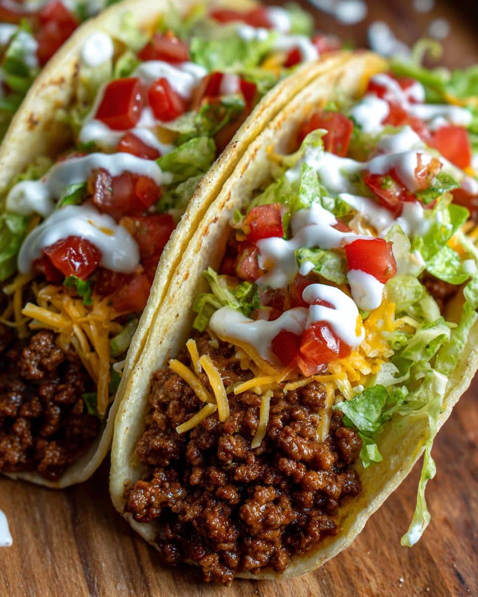 Close-up of two fully loaded Easy Taco Recipes with ground beef, lettuce, tomatoes, cheese, and sour cream.