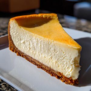 A perfect slice of Ultra Creamy New York Style Cheesecake on a white plate, showcasing its golden top and thick graham cracker crust.