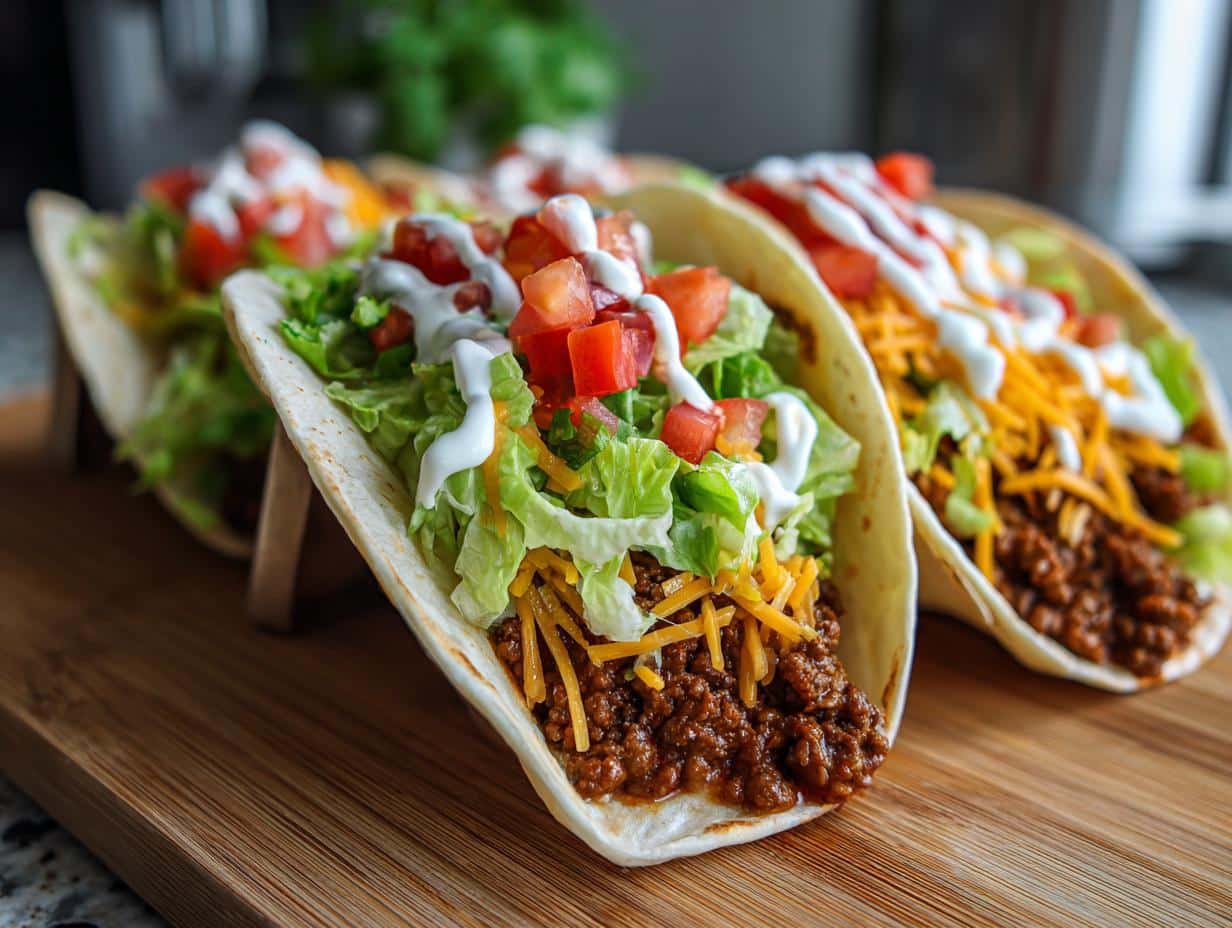 Three unique easy taco recipes with ground beef, shredded lettuce, cheese, diced tomatoes, and sour cream on a wooden board.
