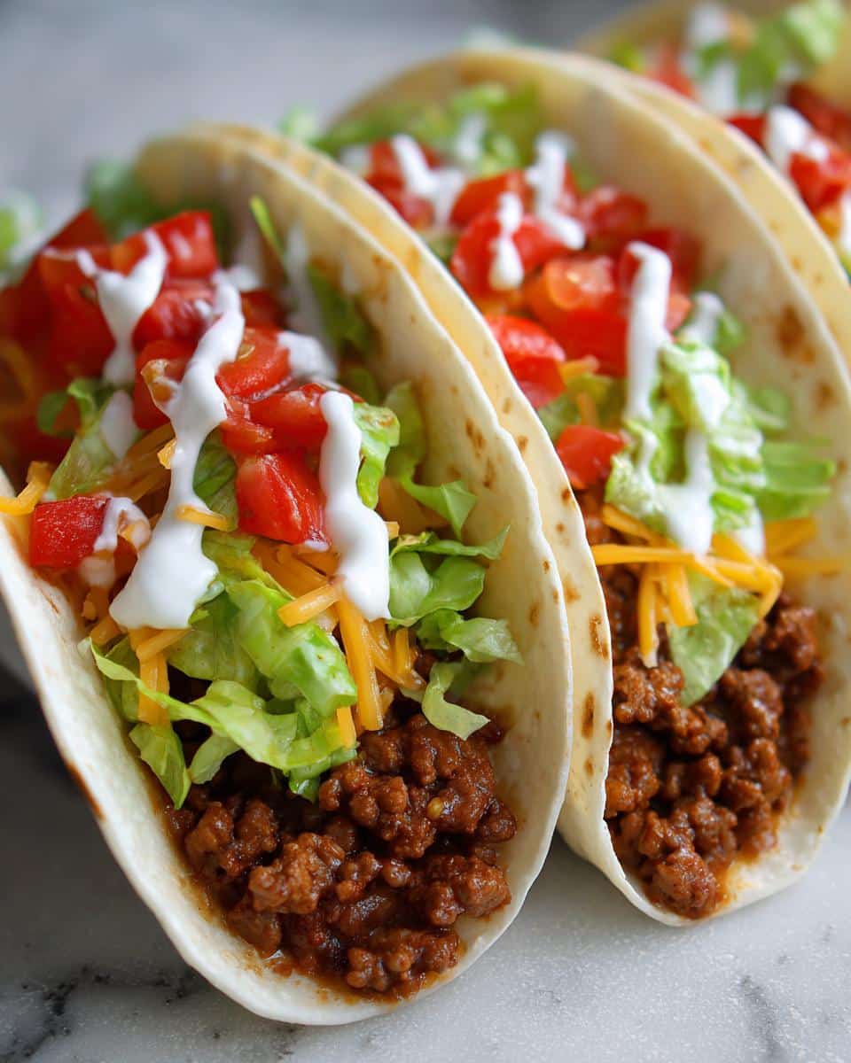 Three soft shell tacos filled with seasoned ground beef, shredded lettuce, diced tomatoes, shredded cheese, and a drizzle of white sauce, showcasing Unique Easy Taco Recipes.
