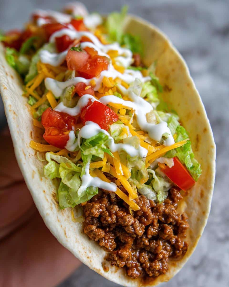 Close-up of a soft shell taco filled with seasoned ground meat, shredded lettuce, cheese, diced tomatoes, and a drizzle of sour cream, perfect for Unique Easy Taco Recipes.