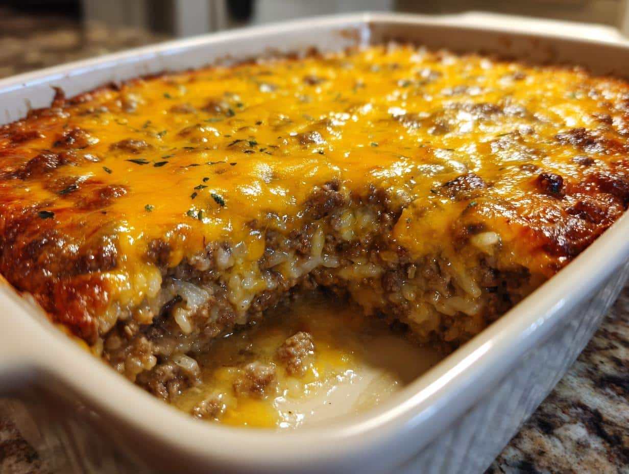 Close-up of a baked Weeknight Cheesy Hamburger Rice Casserole in a white dish, showing a golden-brown cheesy topping and a scoop removed.