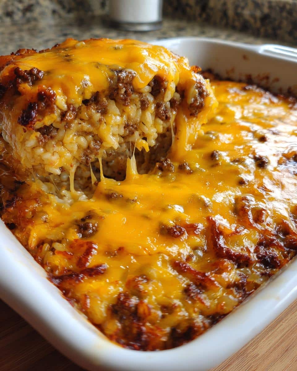 A large scoop of Weeknight Cheesy Hamburger Rice Casserole being lifted from a white baking dish, showing melted cheese pulls.
