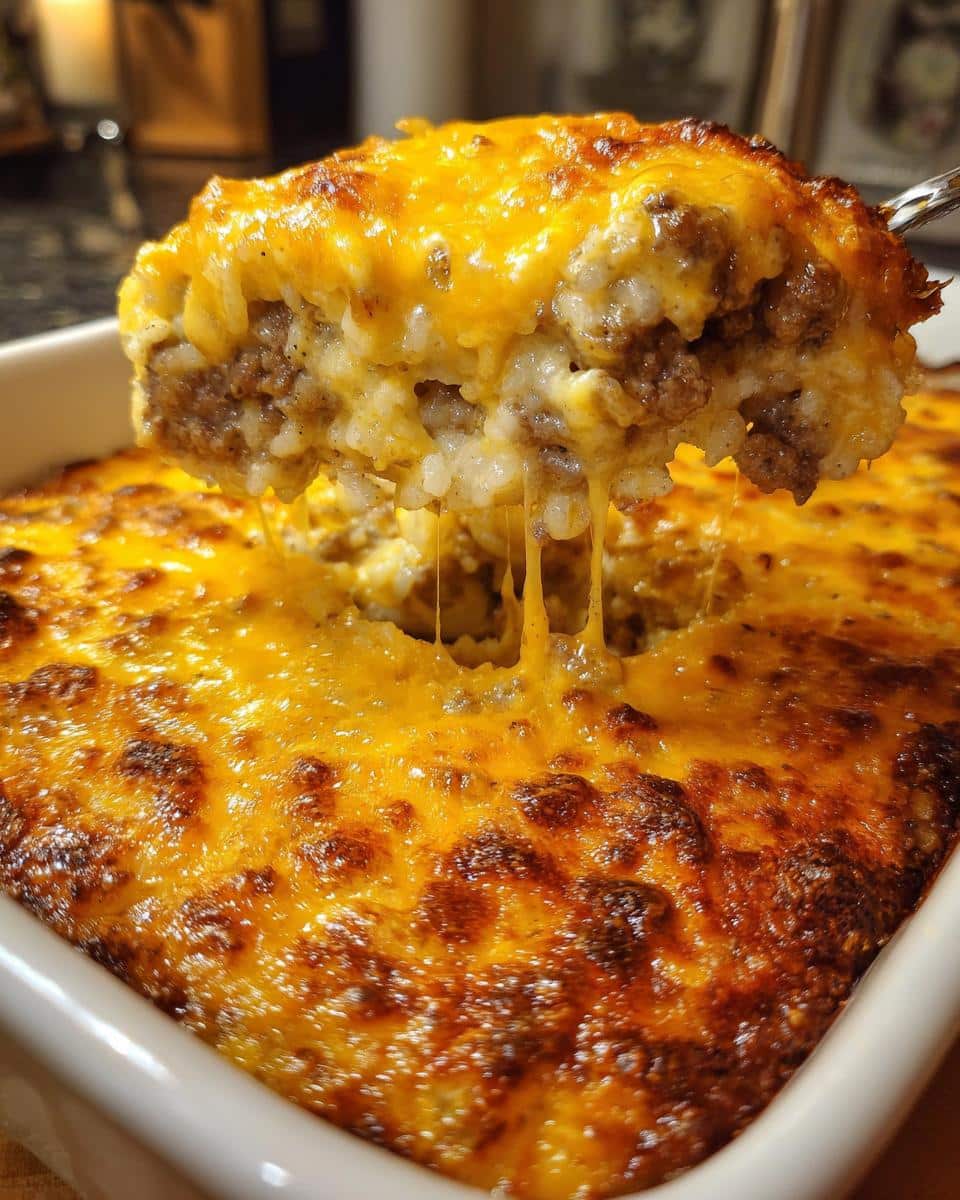A spoonful of Weeknight Cheesy Hamburger Rice Casserole being lifted from a baking dish, with melted cheese stretching.