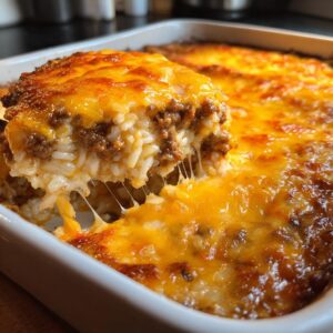 A serving spoon lifting a portion of Weeknight Cheesy Hamburger Rice Casserole from a white baking dish, showing melted cheese pull.