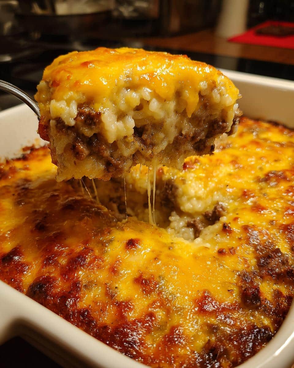 A spoonful of Weeknight Cheesy Hamburger Rice Casserole being lifted from a baking dish, showing melted cheese and rice.