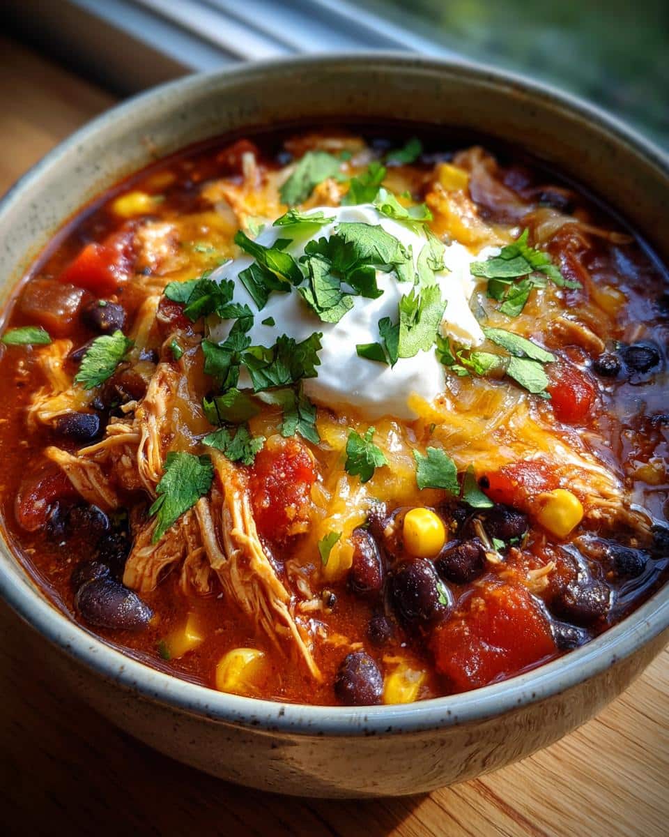 A close-up of a bowl of Weeknight Chicken Taco Soup, topped with sour cream, shredded cheese, and fresh cilantro.