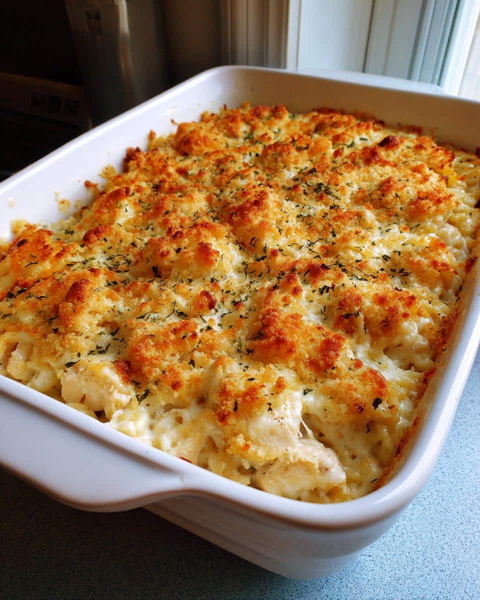 A freshly baked Weeknight Creamy Chicken and Rice Casserole in a white dish, topped with golden-brown breadcrumbs and herbs.