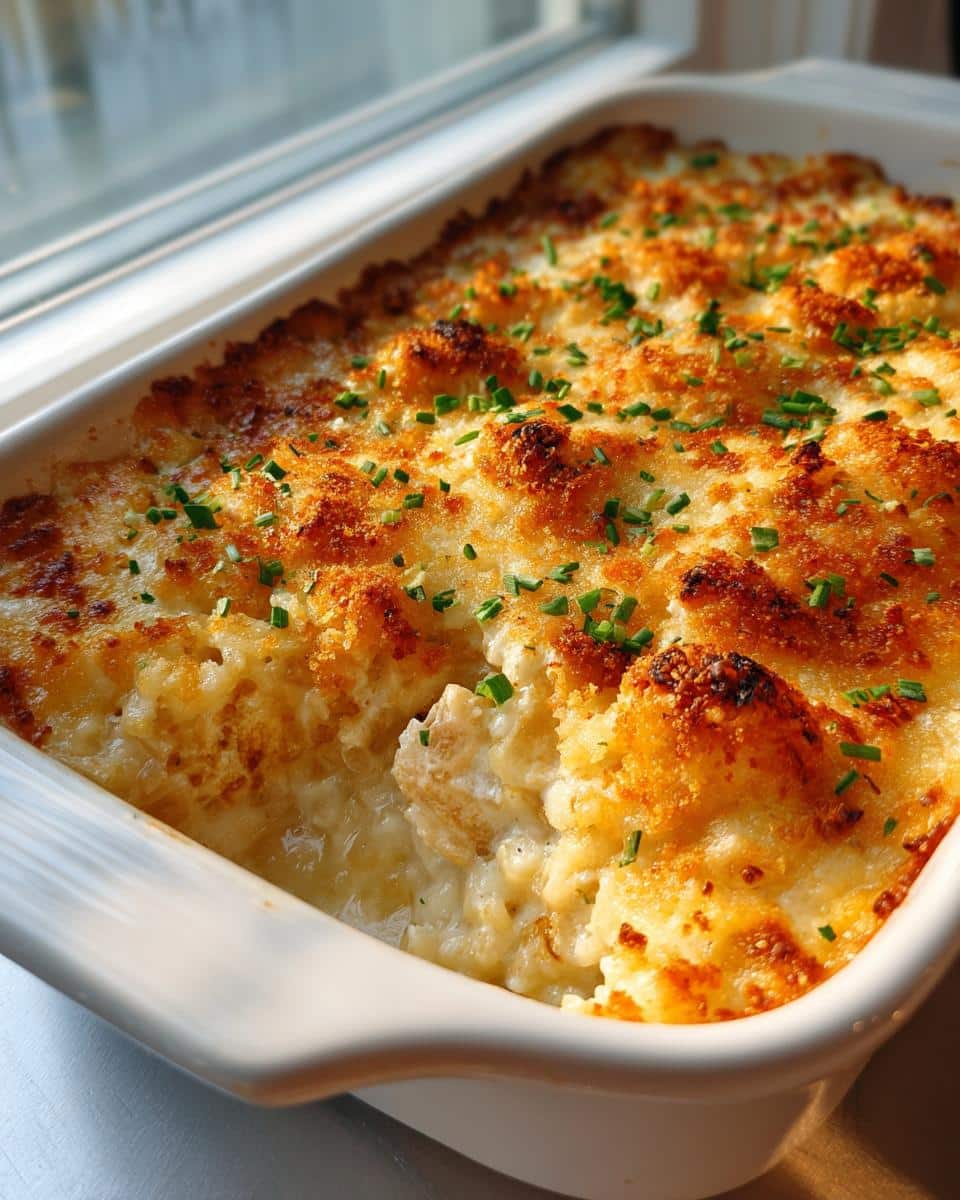 A close-up of a golden-brown Weeknight Creamy Chicken and Rice Casserole in a white baking dish, garnished with chives.