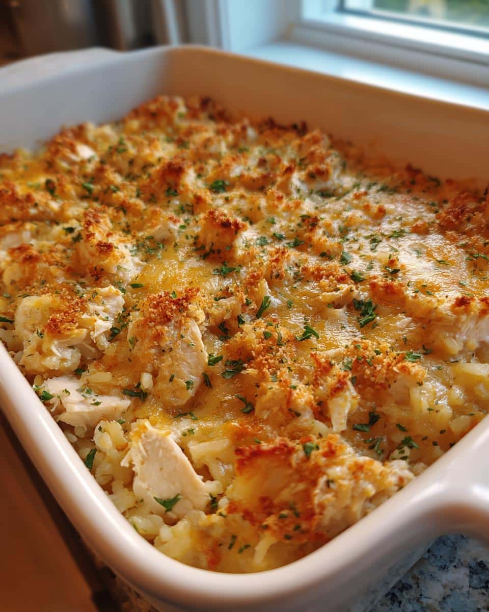 A close-up of a freshly baked Weeknight Creamy Chicken and Rice Casserole in a white baking dish, topped with golden cheese and herbs.