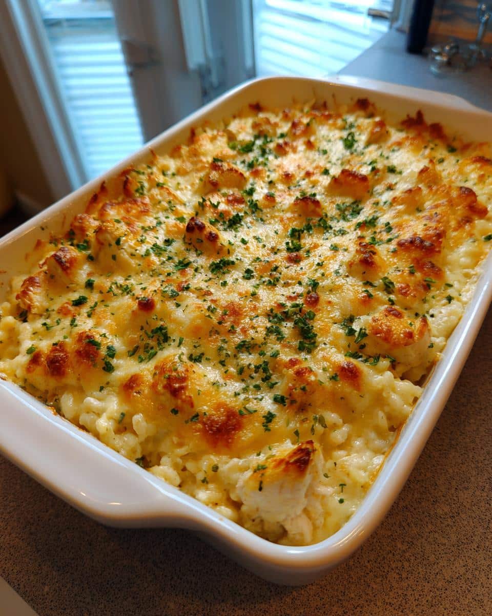 A close-up of a freshly baked Weeknight Creamy Chicken and Rice Casserole in a white baking dish, topped with melted golden cheese and parsley.