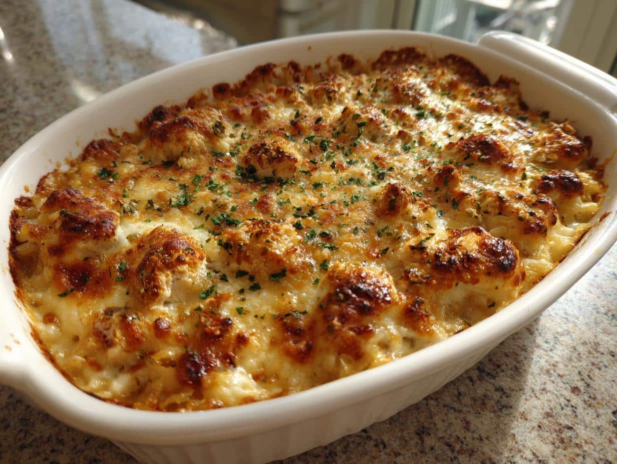 A close-up of a golden brown, bubbly Weeknight Creamy Chicken and Rice Casserole in a white baking dish, garnished with fresh herbs.