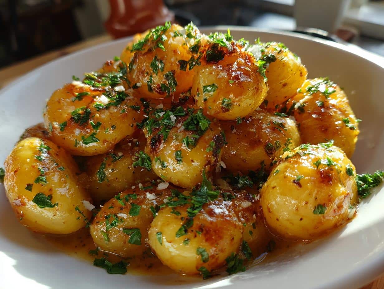 Close-up of a bowl of golden Weeknight Creamy Garlic Parmesan Potatoes, garnished with fresh parsley and grated Parmesan.