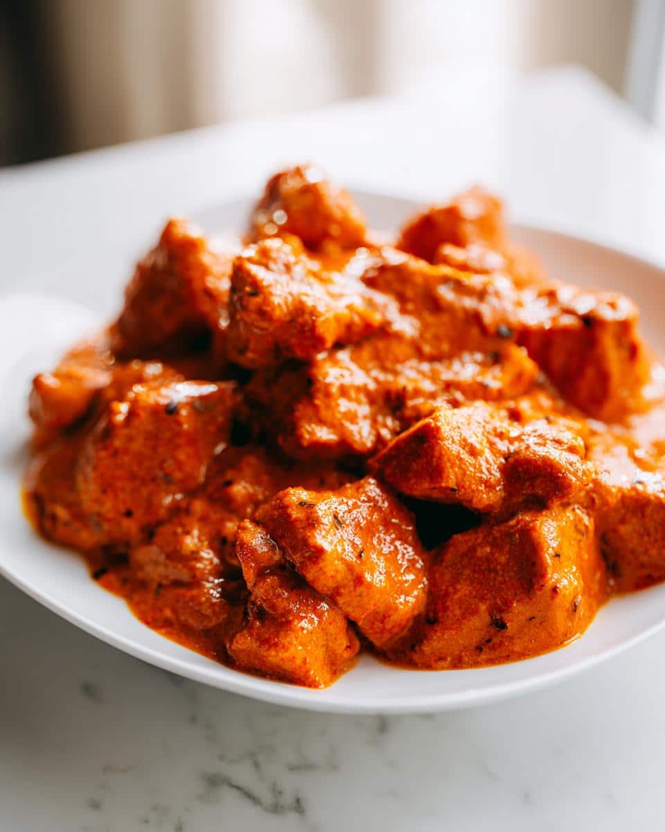 A close-up shot of a white bowl filled with vibrant orange Weeknight and Easy Homemade Butter Chicken, showcasing tender chicken pieces in a rich, creamy sauce.