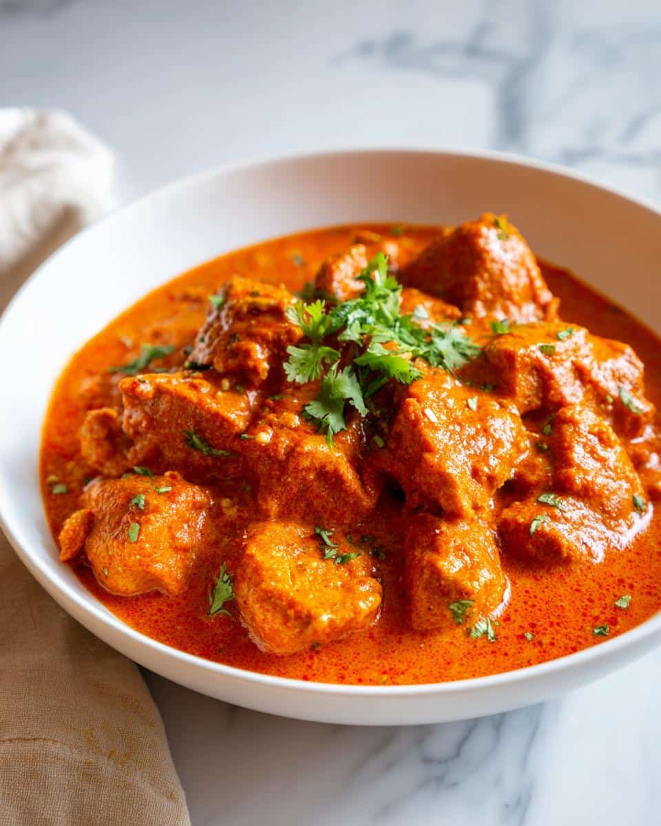 A close-up shot of a bowl of Weeknight and Easy Homemade Butter Chicken, garnished with fresh cilantro.