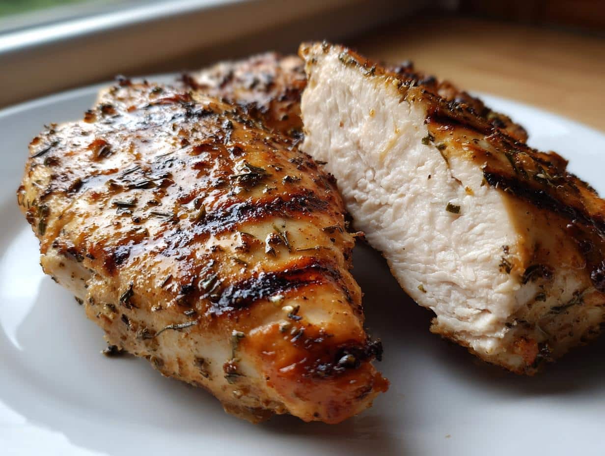 Close-up of a perfectly cooked, juicy-minute baked chicken breast, sliced to show its tender interior and herb seasoning.