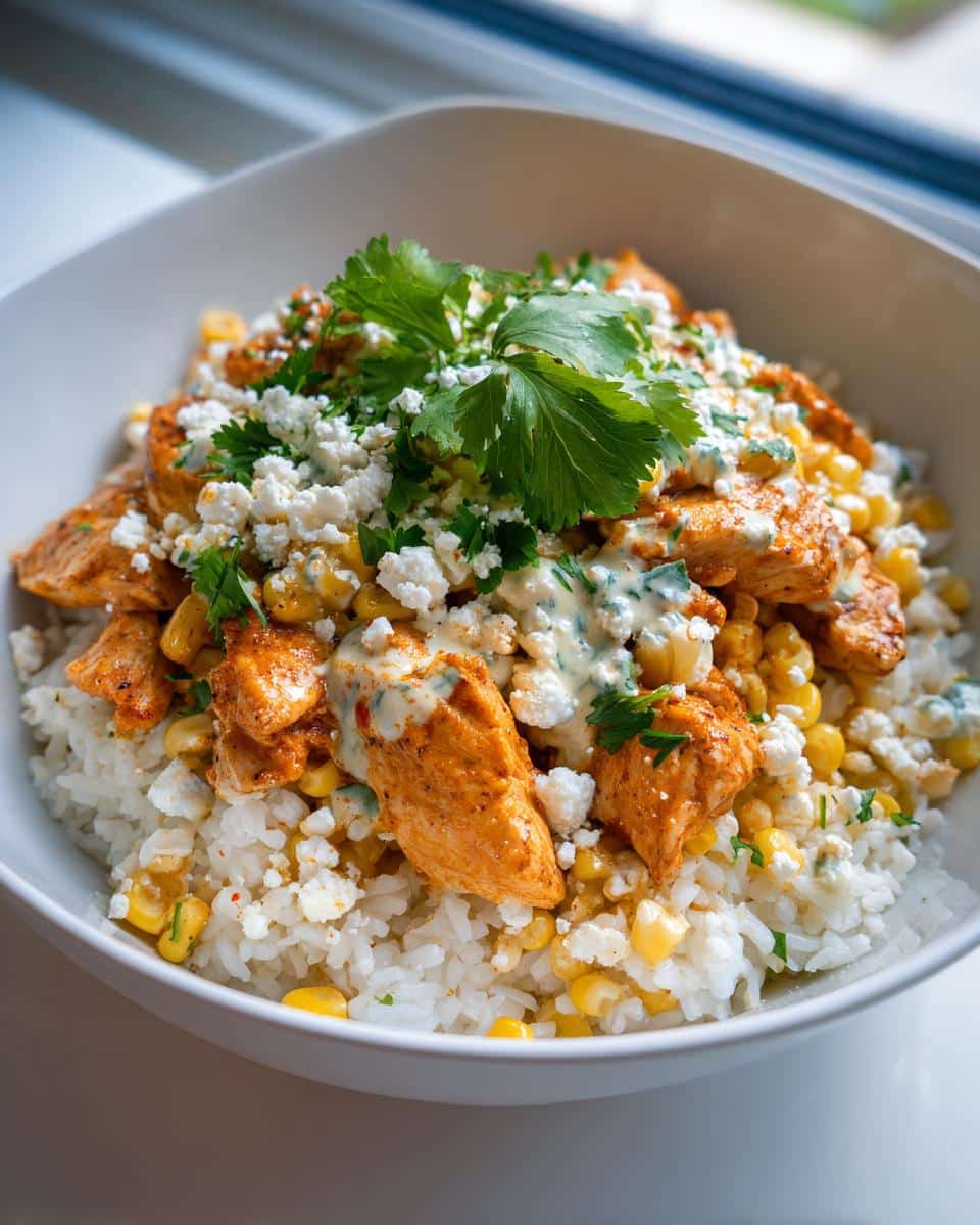 A close-up of a Weeknight Street Corn Chicken Rice Bowl, featuring seasoned chicken, corn, rice, crumbled cheese, and cilantro.