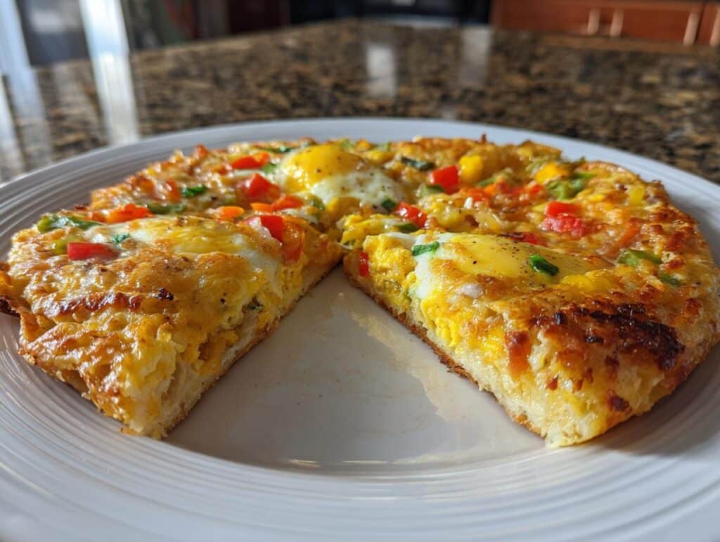 A whole Breakfast Pizza on a white plate, with one slice removed, showing eggs, cheese, and colorful vegetables.