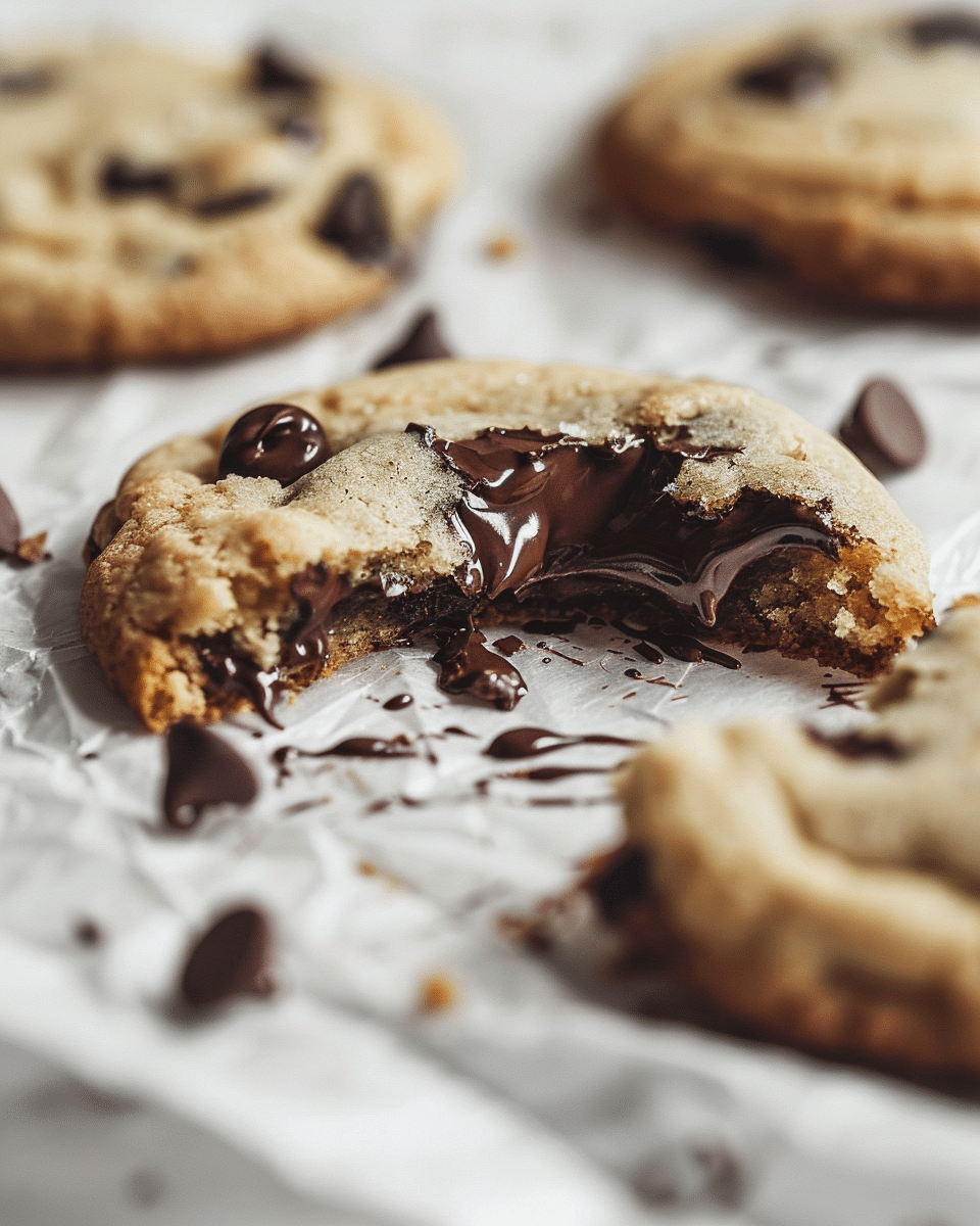 A single mint chocolate chip cookie broken in half showing soft gooey center with melted chocolate chips