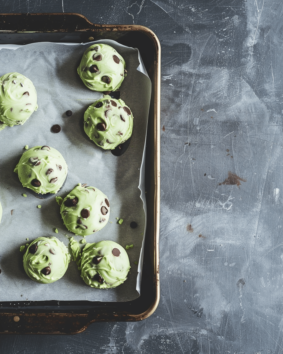 Mint chocolate chip cookie dough balls on a parchment-lined baking sheet ready to bake