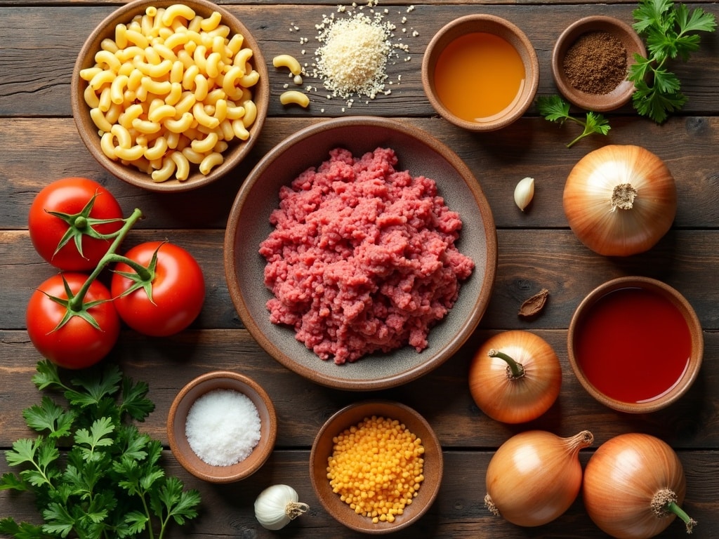 Ingredients for grandma's goulash on a table