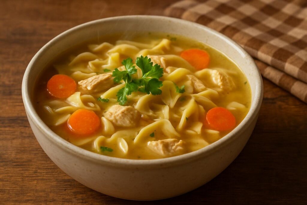 Close-up of a steaming bowl of homemade chicken noodle soup with shredded chicken, carrots, celery, and egg noodles, garnished with fresh parsley.