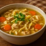 Close-up of a steaming bowl of homemade chicken noodle soup with shredded chicken, carrots, celery, and egg noodles, garnished with fresh parsley.