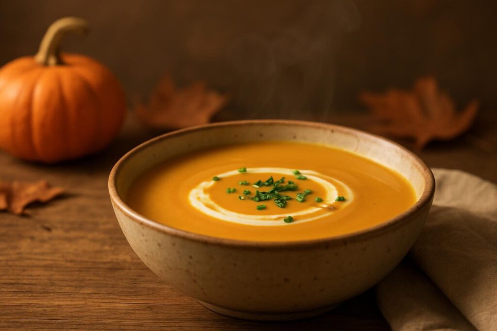 A bowl of creamy butternut squash soup with a swirl of cream and fresh chives, on a wooden table.