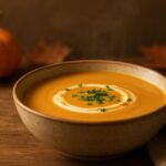 A bowl of creamy butternut squash soup with a swirl of cream and fresh chives, on a wooden table.