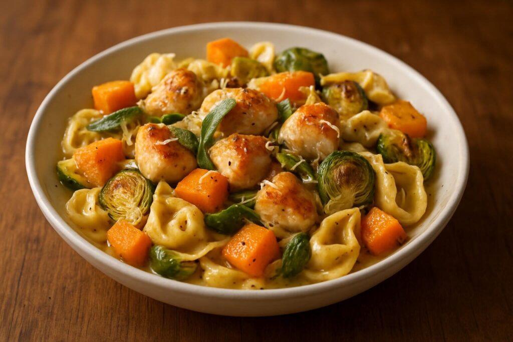 Easy Autumn Chicken Tortellini with Butternut Squash and Brussels Sprouts, garnished with fresh sage and Parmesan cheese.
