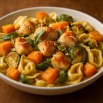 Easy Autumn Chicken Tortellini with Butternut Squash and Brussels Sprouts, garnished with fresh sage and Parmesan cheese.
