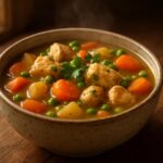 A steaming bowl of hearty chicken stew with tender chicken, carrots, potatoes, and peas, garnished with parsley.