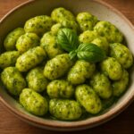 Homemade potato gnocchi tossed in green pesto sauce with fresh basil leaves in a rustic bowl.